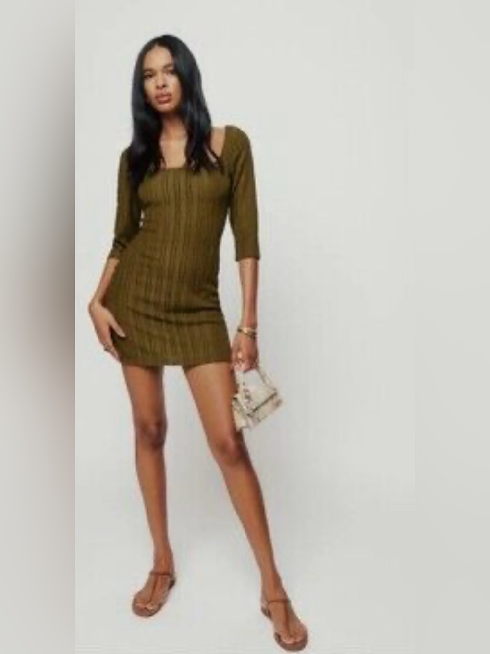 Reformation Liz knit Olive Ribbed Square-Neck Mini Dress size XS